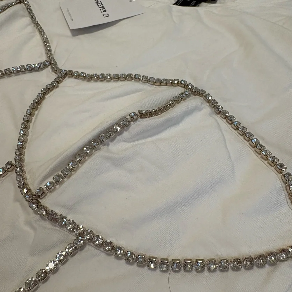 NWT Forever 21 White T-Shirt with Rhinestone Bustier Detail (Size XL) - Picture 3 of 5